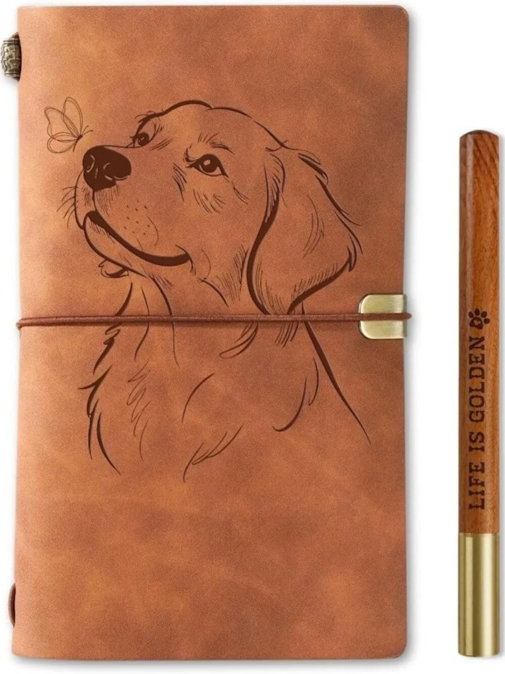 Golden Retriever Gifts for Dog Lovers, Vegan Leather Journal & Pen Set, 7.8x5